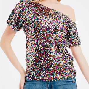 Anna-Kaci California Festive Colorful Sequin Off-Shoulder Short Sleeves Top L